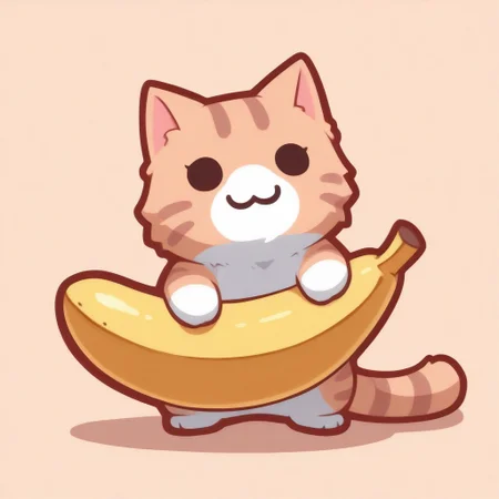 masterpiece, best quality, animal focus, no humans, n3koemoji, cat, holding banana like a gun, mischievous smile