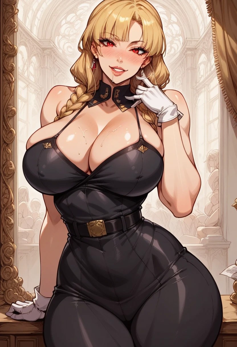 score_8_up, source_anime, (beautiful face, beautiful eyes, detailed eyes, detailed face:1.2),
1girl, solo, girl solo, slobber, hourglass shaped body, curvy figure,
front view, (black military uniform, black jodhpur pants, belt, boots, gloves:1.1),
dynamic standing seductive pose, seductive pose, half body,lewd face, slutty a lot, extream drooling,lewd face, slutty a lot, horny eyes, smug, high waisted thongs, high waisted thongs,
huge ass, huge tits, large ass,
beautiful anime face, detailed anime face,
(wide hips:1.3),
Lena Bruklin, blonde hair, long hair, braid, red eyes, large breasts, hair bobby pins, makeup, horny, lewd, slutty,