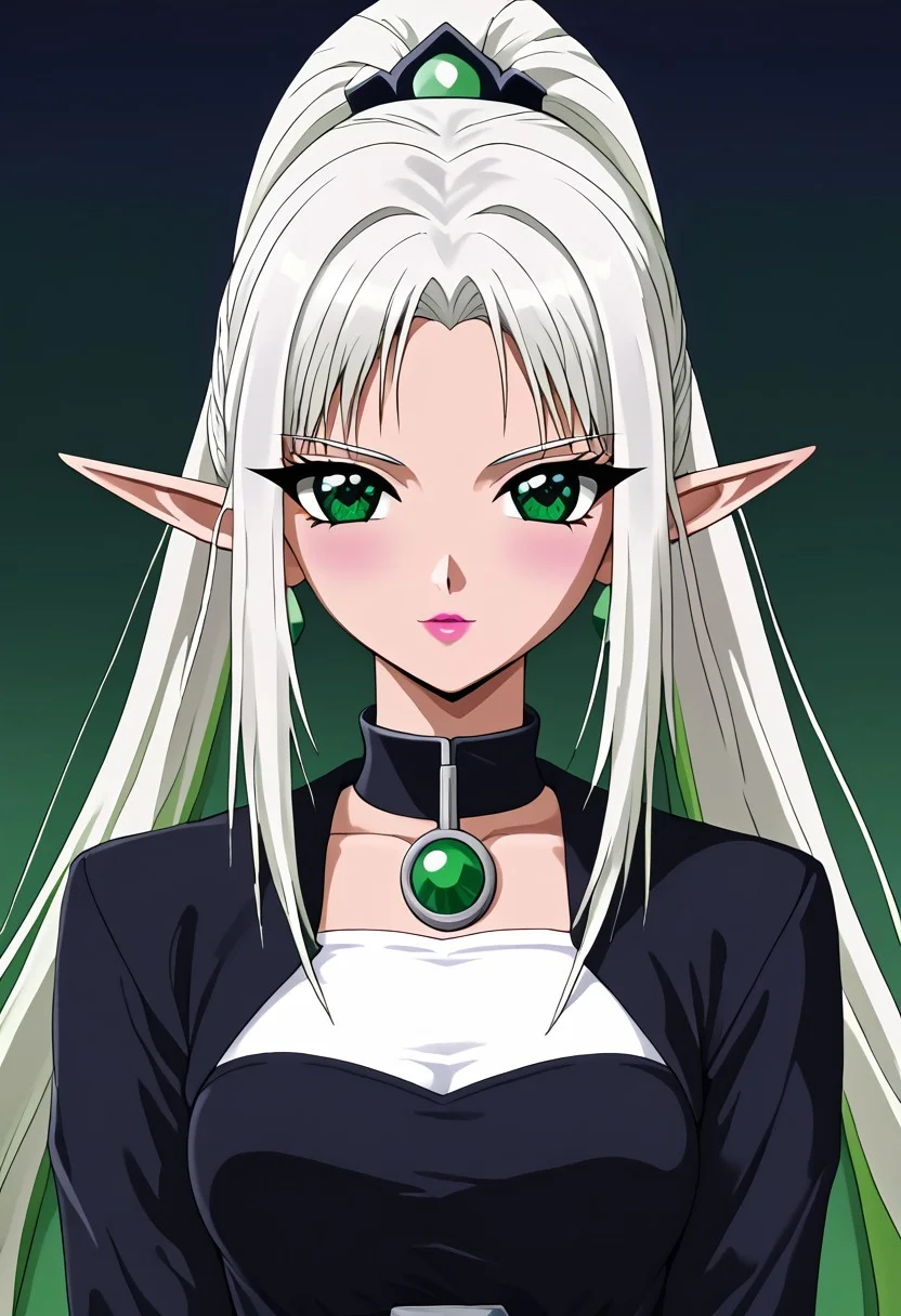 (masterpiece), best quality, expressive eyes, perfect face,
1 Girl
(((White very long ponytail with Green ombre hair)))
(((White hair)))
(((Green ombre hair)))
(((Green gradient hair)))
((White and Green Multicolored hair))
((Hair between eyes))
((Green eyes))
((Elf ears))
((Pointy ears))
((Mole under eye))
((Medium breasts))
((White rose simple dress))
((Black jacket))
((Choker))
((Looking at viewer))
((Sitting in a lotus position))
((Serious face))
((T-pose))
((Night beach))
((Night))
((Green nail polish))
((Pink lips))
((Orange makeup))
((Elf earings))