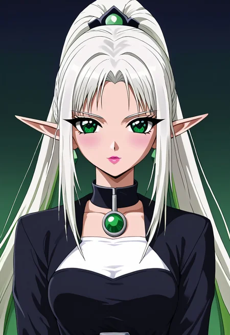 (masterpiece), best quality, expressive eyes, perfect face, 
1 Girl
(((White very long ponytail with Green ombre hair)))
(((White hair)))
(((Green ombre hair)))
(((Green gradient hair)))
((White and Green Multicolored hair))
((Hair between eyes))
((Green eyes))
((Elf ears))
((Pointy ears))
((Mole under eye))
((Medium breasts))
((White rose simple dress))
((Black jacket))
((Choker))
((Looking at viewer))
((Sitting in a lotus position))
((Serious face))
((T-pose))
((Night beach))
((Night))
((Green nail polish))
((Pink lips))
((Orange makeup))
((Elf earings))