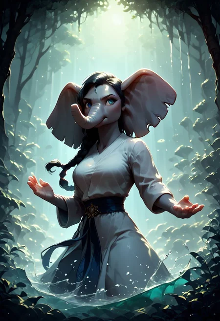 masterpiece,best quality, highly detailed, score_9, score_8_up, score_7_up, score_6_up, beautiful night sky and waterfall and forest in the background, (bending large swirls of water and ice, water swirling around her), shuto uke fighting stance, water swirling around her,
 (anthro female elephant:1.2), grey skin, large bust, black hair, braided hair, sparkling blue eyes, calm, wearing a ornate monks robe, 
ElementsMix,4esthet1c,
