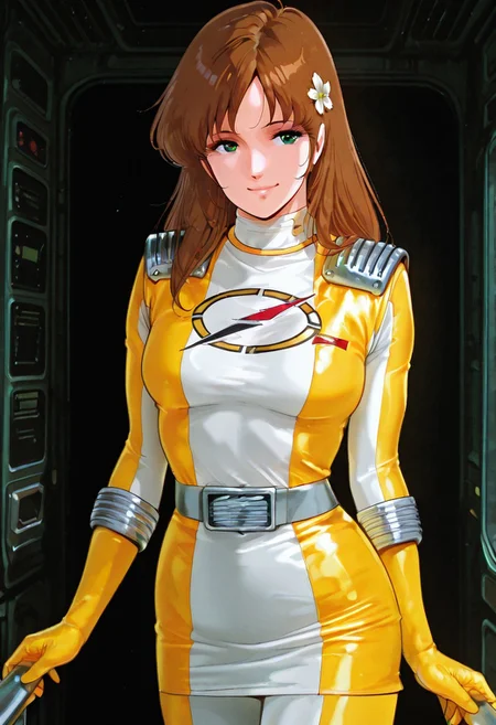 masterpiece,best quality,amazing quality, absurdres, <lora:hayase_misa_the_super_dimension_fortress_macross_ilxl_goofy:1>  hayase misa, 1980s \(style\), 1girl, breasts, green eyes, hair flower, hair ornament, long hair, medium breasts,  smile, solo, b0uk3ng3r, [color] bodysuit, [color] gloves, [color] skirt, miniskirt, shoulder pads, silver belt,navel,midriff,evil