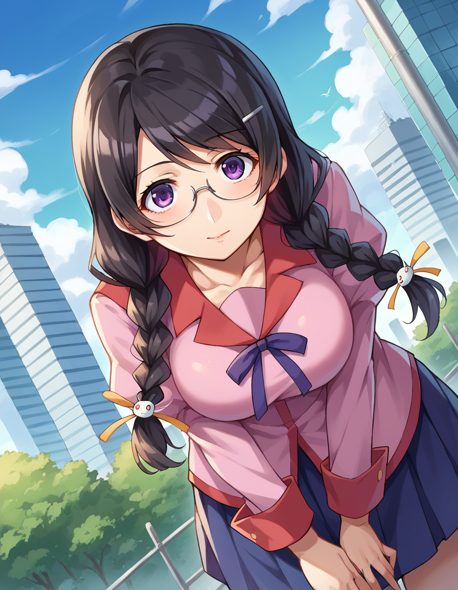 score_9, score_8_up, score_7_up, source_anime,
tsubasahanekawa, <lora:tsubasa-hanekawa-ponyxl-lora-nochekaiser:1>,
hanekawa tsubasa, long hair, black hair, hair ornament, purple eyes, braid, hairclip, twin braids, glasses, mature female,
skirt, school uniform, naoetsu high school uniform,
outdoors, cityscape, bent over,
looking at viewer, cowboy shot, dutch angle,