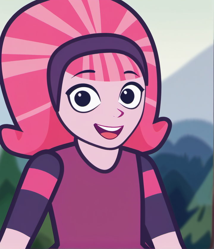 1girl, solo, dbdd1, smile, dress, pink hair, pink skin, black eyes, looking at viewer, upper body, open mouth, hairband, official style, outdoors, <lora:dbdd1:1>,