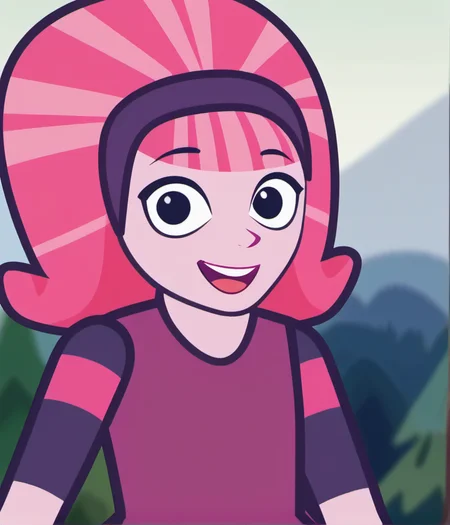 1girl, solo, dbdd1, smile, dress, pink hair, pink skin, black eyes, looking at viewer, upper body, open mouth, hairband, official style, outdoors, <lora:dbdd1:1>,
