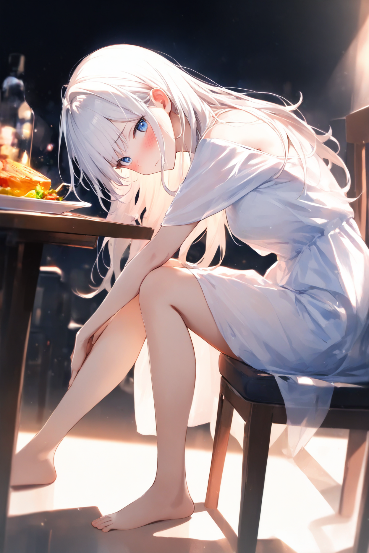 1girl, slim, white long hair, blue eyes, bent knees, sitting, transparent white gown, barefoot, shy, embarrassed, looking at viewer, blush, pale skin, delicate features BREAK from side, on chair, dining, hands on knees, dynamic pose, warm lighting, cozy atmosphere, shallow depth of field, masterpiece, best quality, absurdres