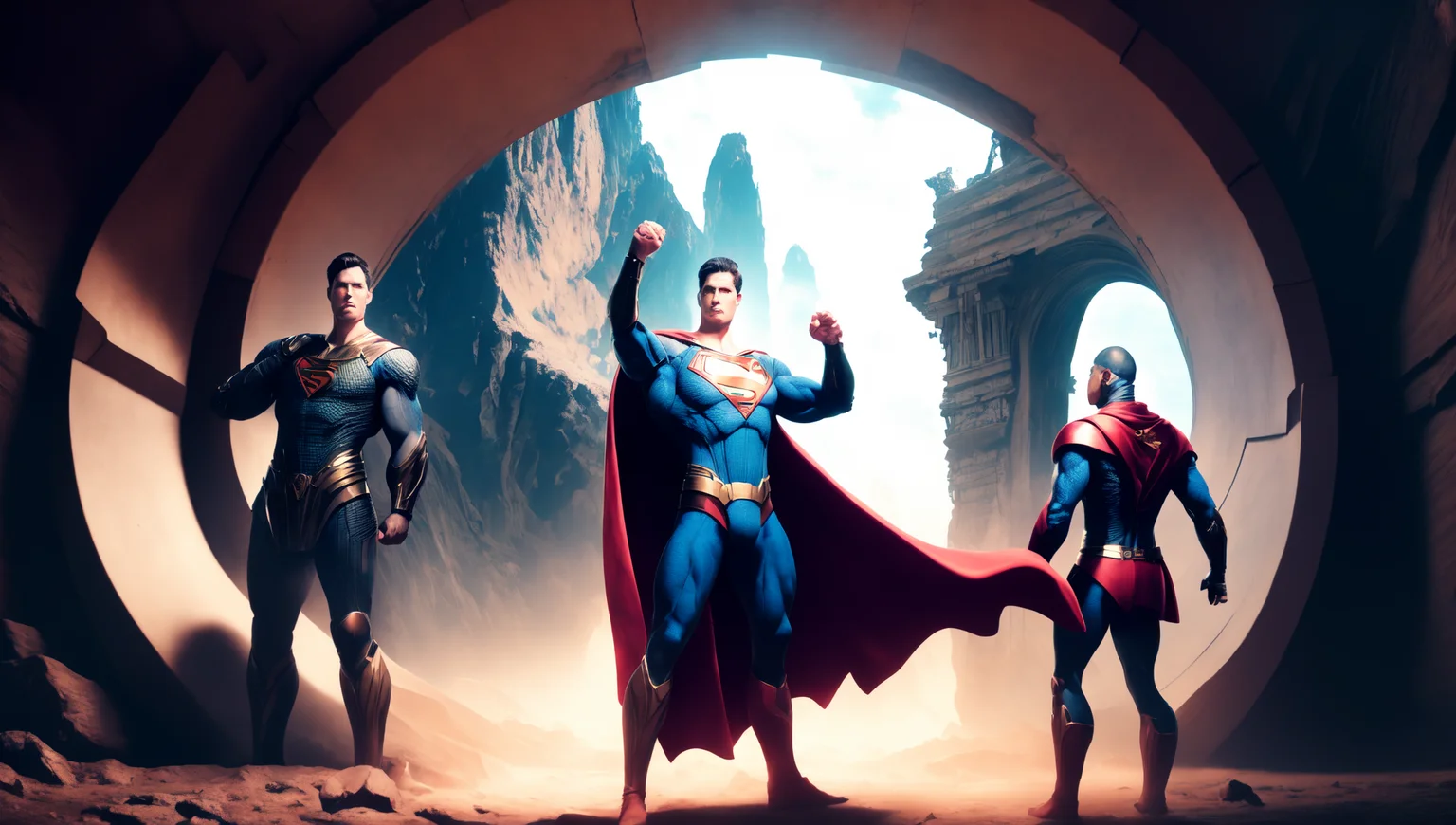 photo, superman (thnos:1) standing in front of, a tunnel (BaroqueWarrior style:1) (ToweringPortal style:0.8) <lora:djzToweringPortalV21:0.8>  <lora:thanos1521768Lora_sd21768:0.6>