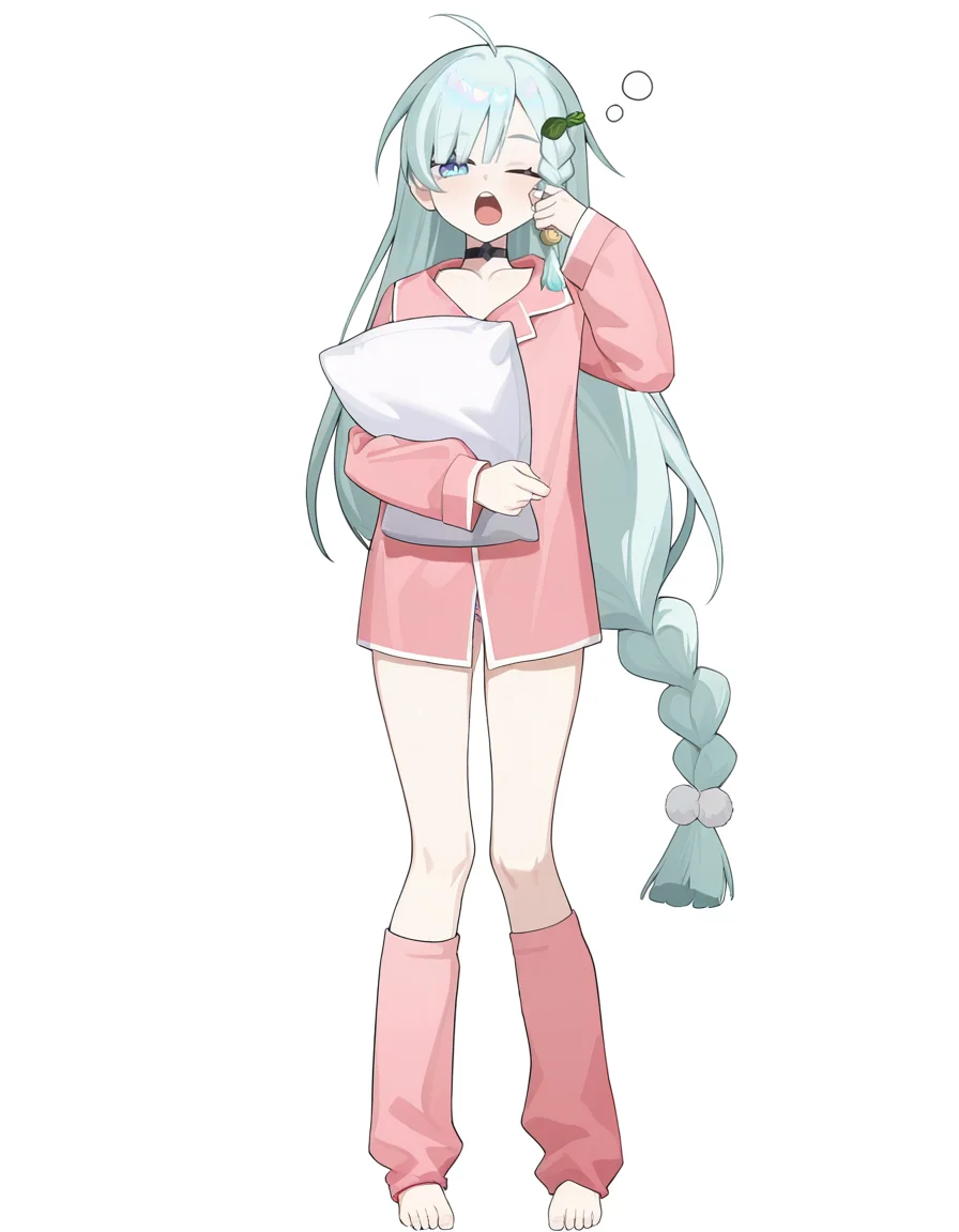 anotherstyle,simple_background,white background,pajamas,full body,sleepy,standing,holding pillow,
yuebai01,1girl,solo,long hair,very long hair,braid,blue eyes,bangs,choker,hair ornament,
looking at viewer,anime screencap,anime screencap,yawning,one eye closed,
<lora:yuebai_noob:0.8>,masterpiece,best quality,very aesthetic,absurdres,