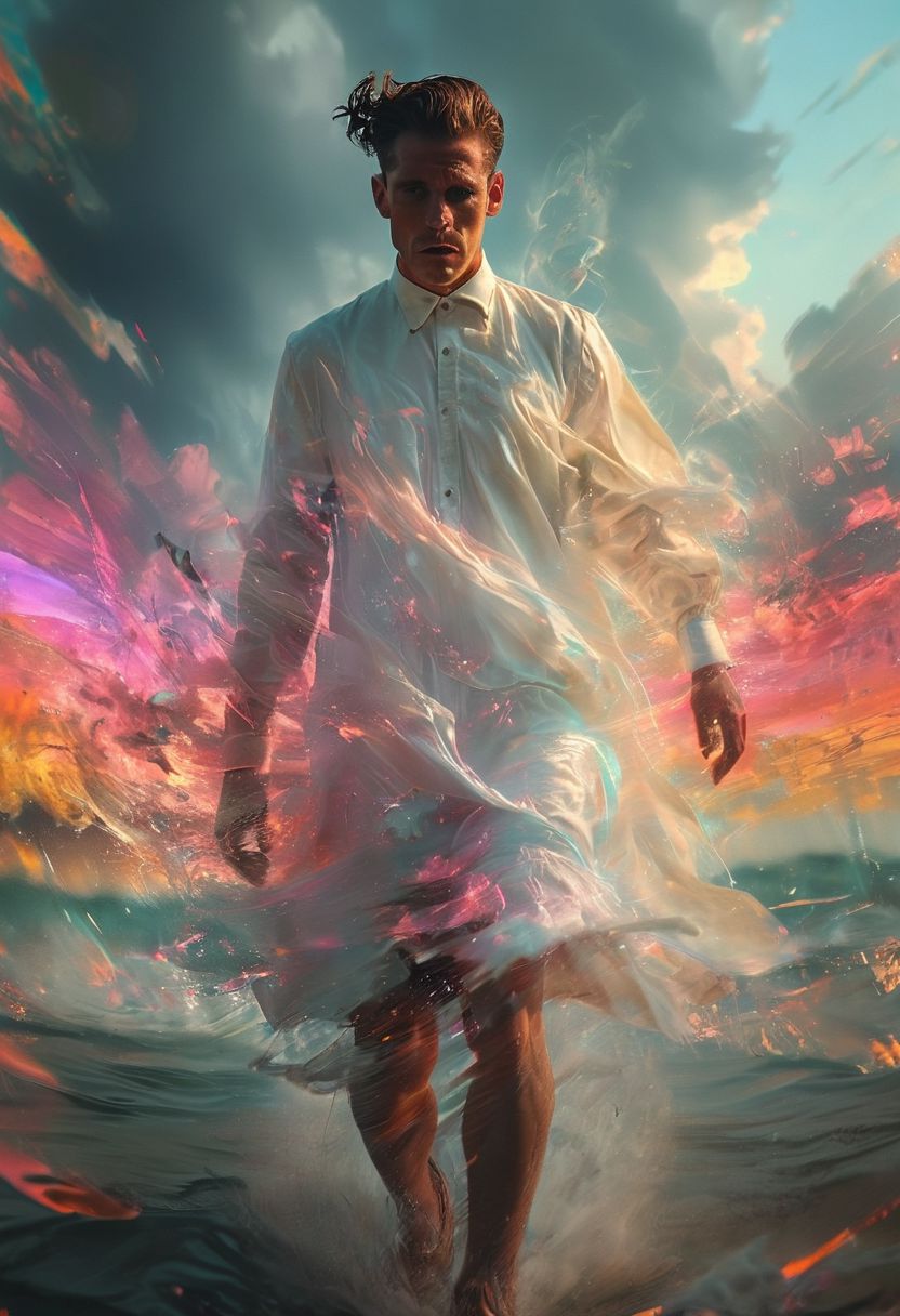 (Glitch, real life, woman wearing a floaty summer dress, background sky, crowd in the background, beautiful sunset afterglow environment, jarring optical effect, layered effects, dark shadows, hazy, grainy:1.2), (floating above pov, a woman looking shocked, caped crusader, muted pastel natural colors, HDR, 5mm:1.2), (art by (Marcel Marlier:1.1) and (John Sibbick:1.2)), Explosion Artstyle