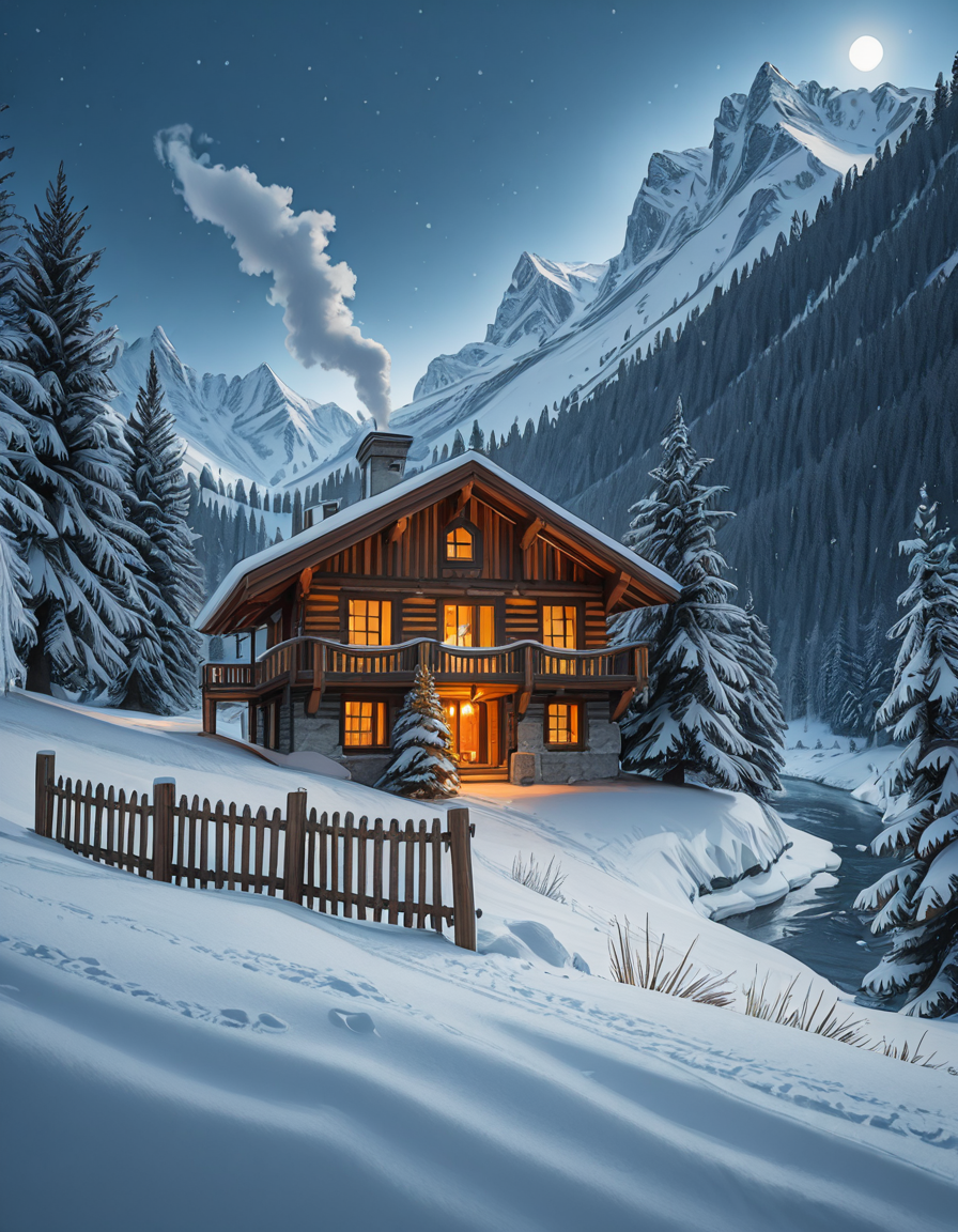 A stunning winter scene in the Tyrol region of Austria. A charming wooden chalet with traditional alpine architecture stands on a gentle snow-covered slope, surrounded by dense evergreen forests blanketed in fresh snow. The chaletâs warm interior lights glow softly through its large windows, creating a cozy contrast against the cool twilight hues of the sky. A plume of smoke drifts from the chimney, hinting at a roaring fireplace inside. In the foreground, a small wooden fence is partially buried under the snow, while a frozen river winds through the valley, reflecting the moonlight. Towering, snow-capped peaks of the Austrian Alps dominate the background, adding a breathtaking sense of grandeur. Snowflakes gently fall, adding movement and depth to the peaceful, picturesque scene. The image is hyper-realistic, capturing the intricate textures of the wood, snow, and ice, with cinematic lighting that highlights the magical winter ambiance.
<lora:SDXLFaeTastic2400:0.4> <lora:extremely_detailed:0.4> extremely detailed,winter scene in the Tyr0l, <lora:winter_scene_in_the_Tyr0l-i:1>, Masterpiece,best quality,hi res,8k,hi res,8k,award winning,(sharp focus, intricate, highly detailed),