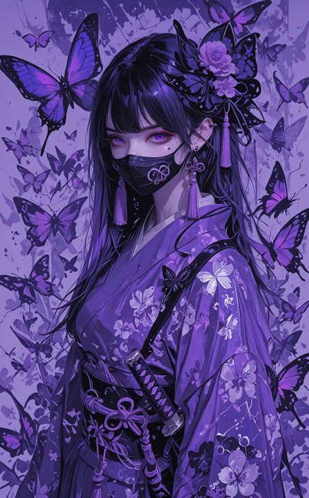 1girl, solo, long hair, looking at viewer, black hair, jewelry, standing, purple eyes, upper body, flower, weapon, cowboy shot, earrings, japanese clothes, sword, kimono, sash, mask, piercing, floral print, bug, katana, ear piercing, tassel, butterfly, sheath, sheathed, mouth mask, covered mouth, purple kimono, tassel earrings, purple theme, blue butterfly, ninja mask, purple butterfly