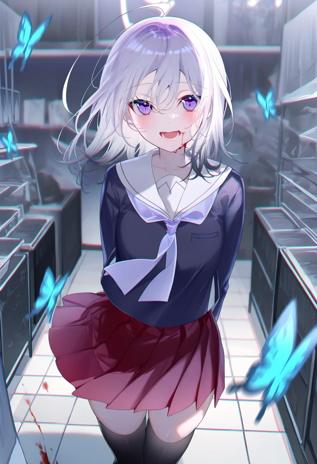 <lora:Rag:1>, best quality, masterpiece, miwano rag, 1girl, pleated skirt, blood on face, black thighhighs, blue butterfly, school uniform, purple eyes, bug, looking at viewer, white sailor collar, arms behind back, open mouth, black shirt, hair between eyes, smile, red skirt, blush, tile floor, blurry background, zettai ryouiki, serafuku, standing, ahoge, miniskirt, medium hair, white hair, purple neckerchief, tiles, motion blur, long sleeves, shop, teeth, outdoors, feet out of frame, :d, indoors