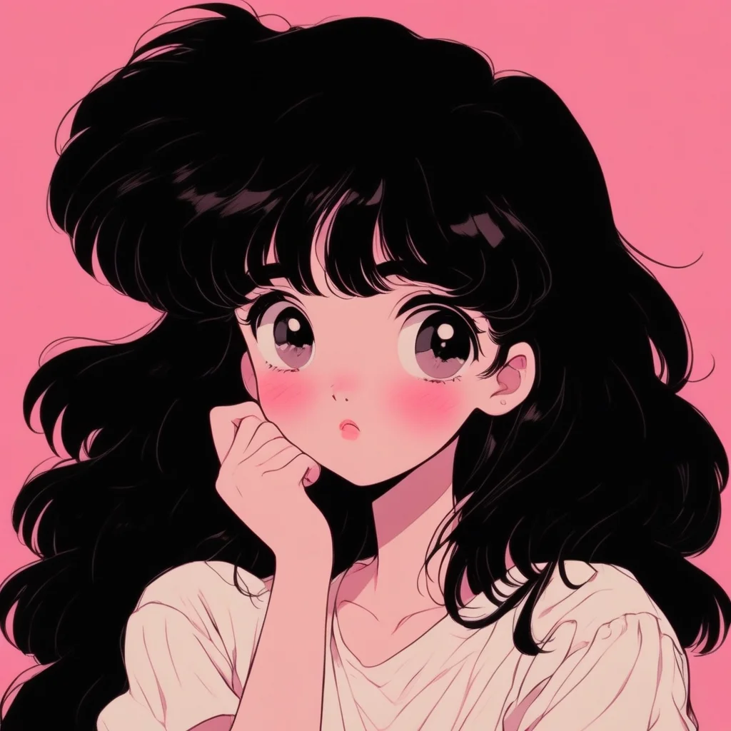 QBBvintage,1girl, bangs, black eyes, black hair, blush, hand on own face, long hair, looking at viewer, pink background, retro artstyle, shirt, short sleeves, solo, upper body, white shirt