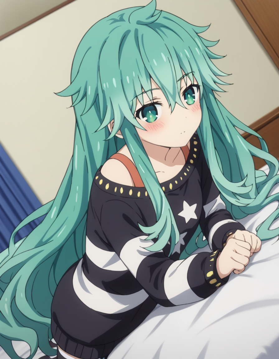 score_9, score_8_up, score_7_up, source_anime,
natsumikyouno,  <lora:natsumi-kyouno-s4s5-ponyxl-lora-nochekaiser:1>,
natsumi kyouno, long hair, very long hair, green hair, aqua hair, green eyes,
thighhighs, long sleeves, striped, star \(symbol\), sweater, striped thighhighs, star print,
indoors, bed, bed room, on side, blush, drunk,
looking at viewer, solo, cowboy shot, dutch angle,