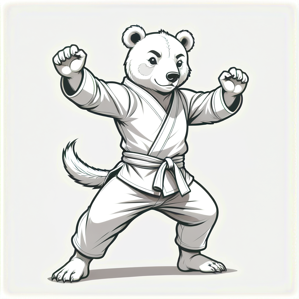 karate bear, kung fu kicking pose, wearing martial arts outfit,greyscale line art, simple outline, colouring book style,greyscale line art, simple outline, colouring book style