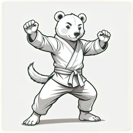karate bear, kung fu kicking pose, wearing martial arts outfit,greyscale line art, simple outline, colouring book style,greyscale line art, simple outline, colouring book style