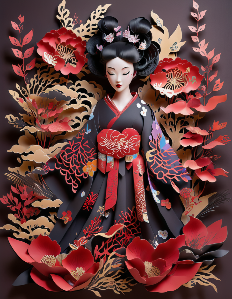 hair ornament, makeup, kirigami, black hair, japanese clothes, fine art parody, standing, sash, lipstick, closed eyes, flower, papercut, 1girl, cloud, black kimono, eyeshadow, floral print, hair stick, obi, pale skin, spider lily, updo, full pretty, colorful
 <lora:KirigamiXL:1>