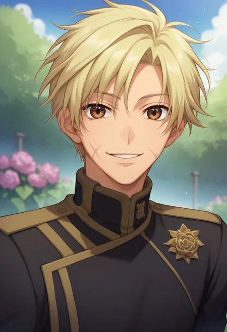 score_9, score_8_up, score_7_up, source_anime, highly detailed,
mikage, 1boy, blonde hair, short hair, male focus, brown eyes, scar, scar on face, uniform, solo, military, military uniform, black uniform, upper body, looking at viewer, smile,
outdoor, garden, sky,