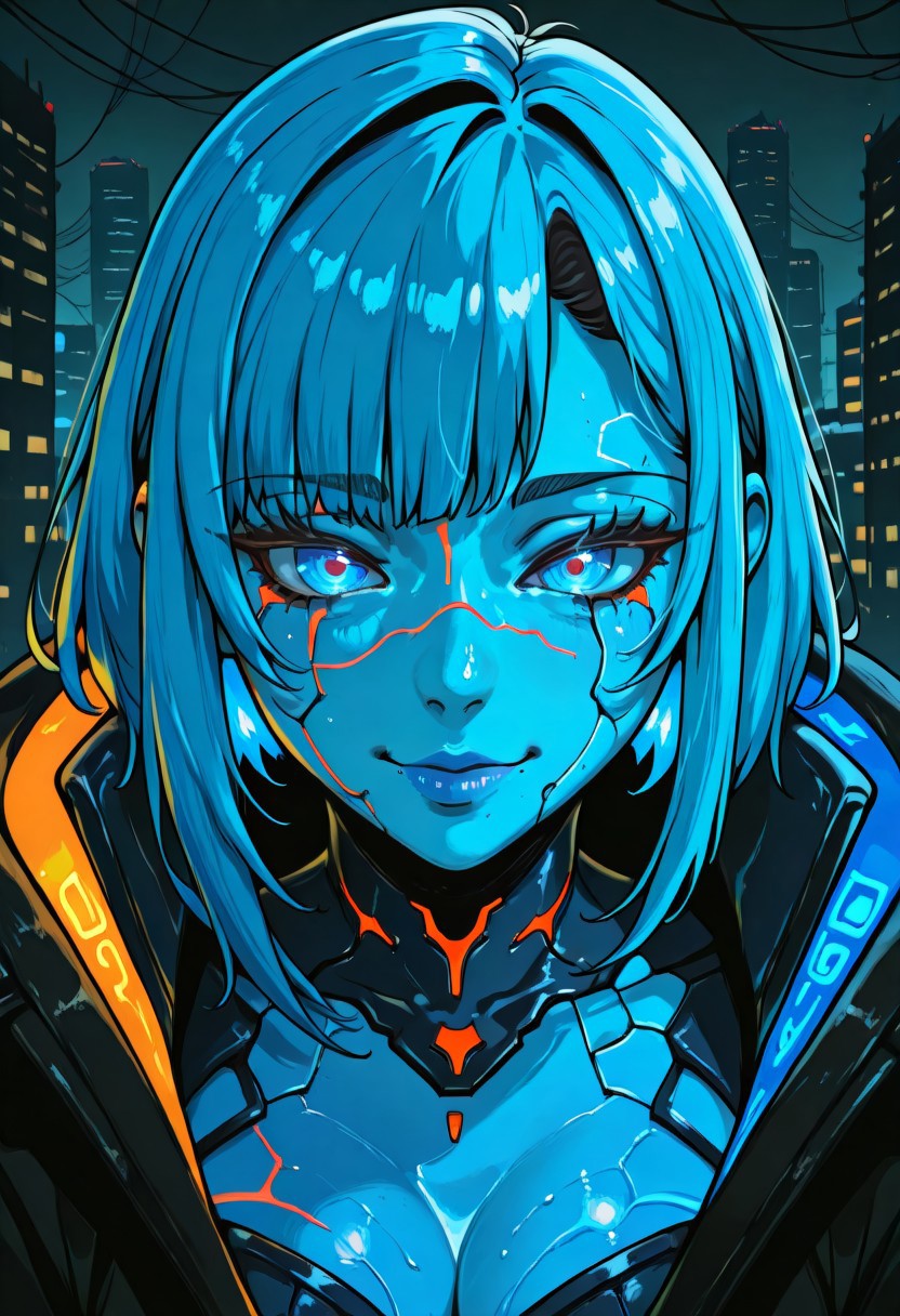 Split_Anomaly, a stunning girl with blue hair and glowing blue eyes, wearing a sleek cyberpunk outfit with neon accents, surrounded by holographic panels and futuristic city lights, her hair glowing like electric currents, intricate digital tattoos glowing faintly on her skin, vibrant cyberpunk palette, cinematic lighting, highly detailed