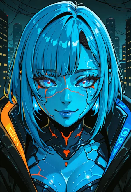 Split_Anomaly, a stunning girl with blue hair and glowing blue eyes, wearing a sleek cyberpunk outfit with neon accents, surrounded by holographic panels and futuristic city lights, her hair glowing like electric currents, intricate digital tattoos glowing faintly on her skin, vibrant cyberpunk palette, cinematic lighting, highly detailed