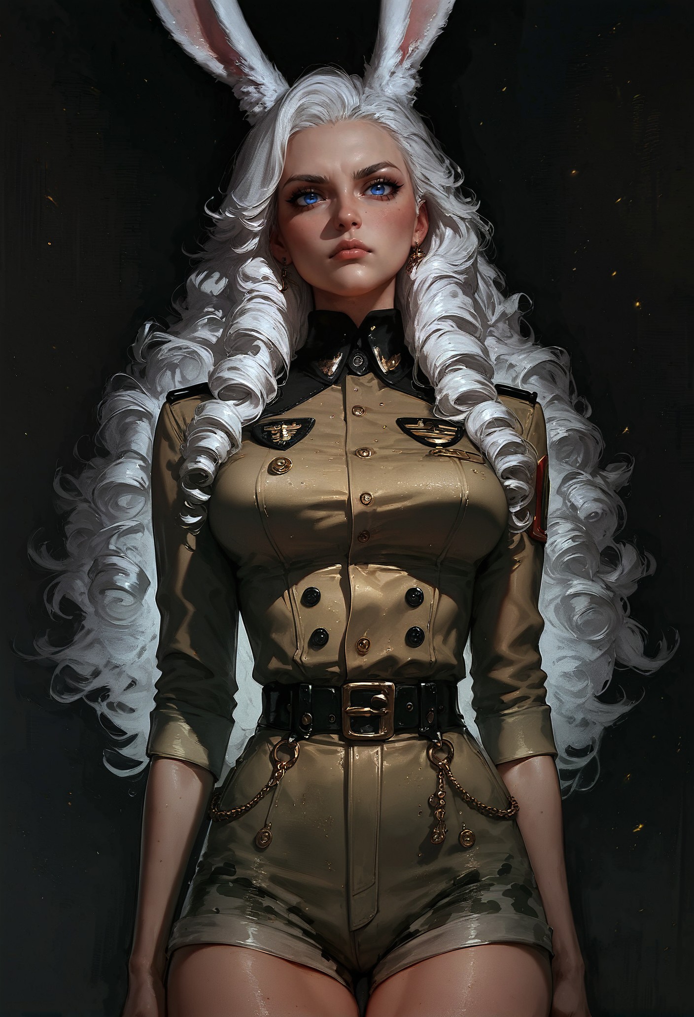 score_9, score_8_up, score_7_up,  1girl, silver hair, long hair, curly hair, in military uniform, viera, blue eyes, rabbit ears, camo shirt, camo shorts, black leather belt, (serious look:1.2), black theme, black background, holding combat knife  <lora:pony/twilight_style:0.8> concept art, realistic  <lora:pony/expressiveh:0.8> expressiveH <lora:sdxl/sinfully_stylish_sdxl>