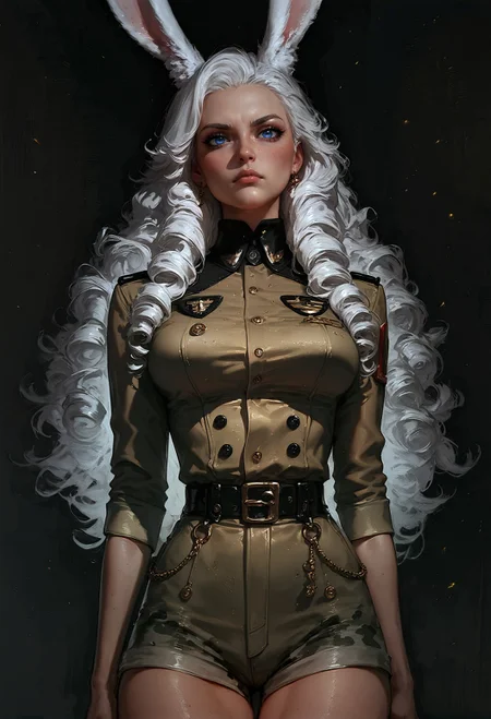 score_9, score_8_up, score_7_up, 1girl, silver hair, long hair, curly hair, in military uniform, viera, blue eyes, rabbit ears, camo shirt, camo shorts, black leather belt, (serious look:1.2), black theme, black background, holding combat knife <lora:pony/twilight_style:0.8> concept art, realistic <lora:pony/expressiveh:0.8> expressiveH <lora:sdxl/sinfully_stylish_sdxl>