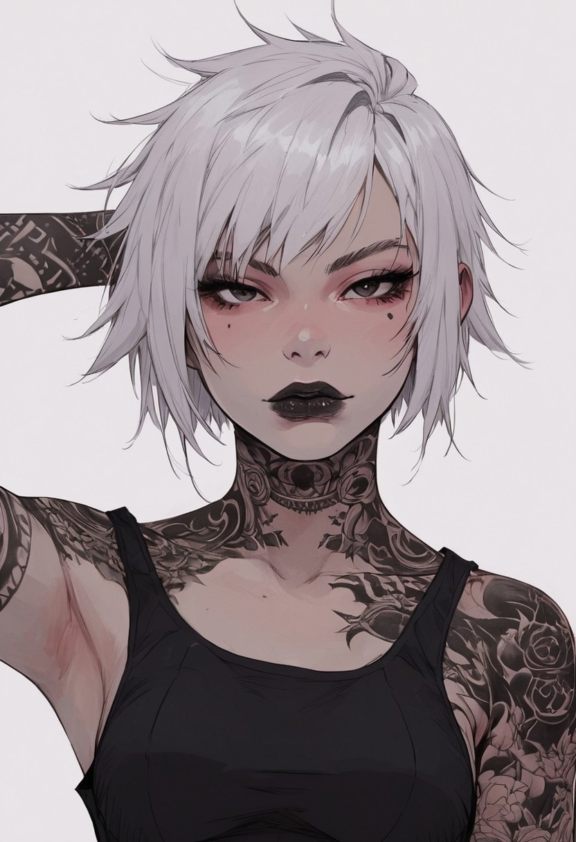 score_9, score_8_up, score_7_up, high detailed, high quality, masterpiece, no text, quality highlights, 8k detail, detailed background, source_anime, dynamic view, hentai, ultra-detailed,
...
1girl, solo, female focus, expressiveh,
(white hair), (punk hair), ((white skin)),
((short hair)),
black eyes, ((black tattoos)), seductive, gorgeous, collarbone,
(perfect slender body), thick lips,
(small breasts), (incredibly sexy),
((black lips)),
...
eyes wide, looking at viewer, closed mouth,
upper body, posing, 
front view, focus on face,
((black tank top)), hands behind head,
navel, 
...
(((white flat background)))