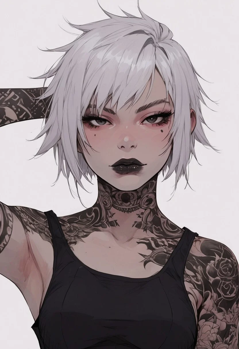 score_9, score_8_up, score_7_up, high detailed, high quality, masterpiece, no text, quality highlights, 8k detail, detailed background, source_anime, dynamic view, hentai, ultra-detailed,
...
1girl, solo, female focus, expressiveh,
(white hair), (punk hair), ((white skin)),
((short hair)),
black eyes, ((black tattoos)), seductive, gorgeous, collarbone,
(perfect slender body), thick lips,
(small breasts), (incredibly sexy),
((black lips)),
...
eyes wide, looking at viewer, closed mouth,
upper body, posing, 
front view, focus on face,
((black tank top)), hands behind head,
navel, 
...
(((white flat background)))