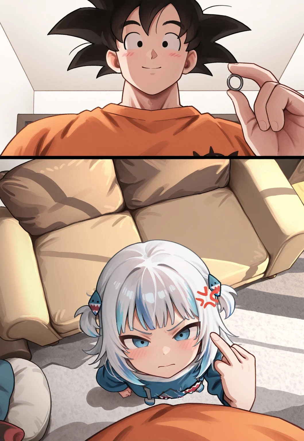 masterpiece, best quality,
p0vh4t3r, 2koma,
1boy, 1girl, son goku, gawr gura,
indoors, couch,
holding, from above, from below, middle finger, :(, closed mouth, anger vein, looking at viewer,
height difference, size difference,