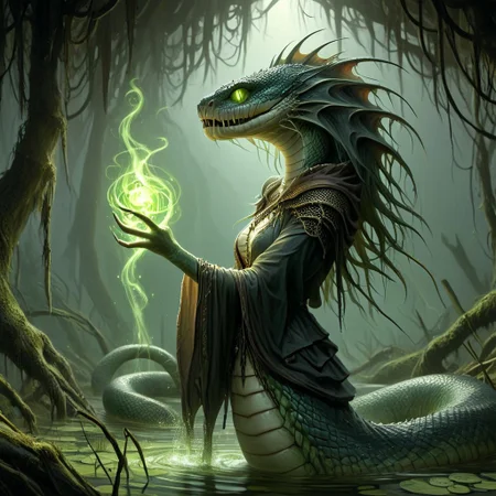 naga, hkstyle, female, casting a spell in a haunted swamp