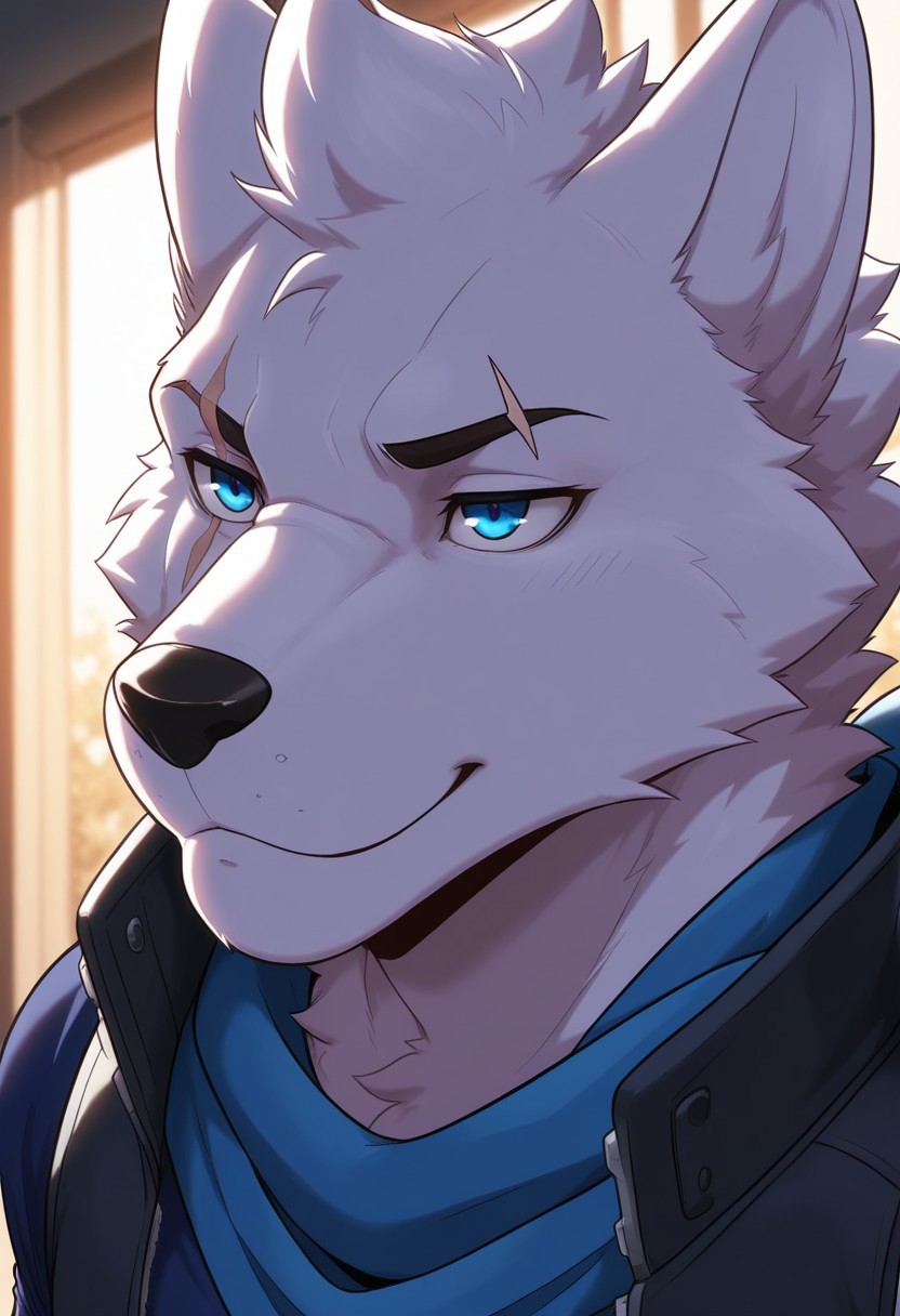 max, solo, alaskan malamute, furry, smile, blue eyes, scar across eye, muscular, dynamic angle, face focus, portrait, blue shirt, short sleeves,  sleeveless jacket, high collared, blue scarf, open jacket, BREAK masterpiece, best quality, amazing quality, very aesthetic, high resolution, 4K, extremely-detailed, depth of field, separate focus, newest, detailed background, detailed fur, detailed muscles, cinematic lighting