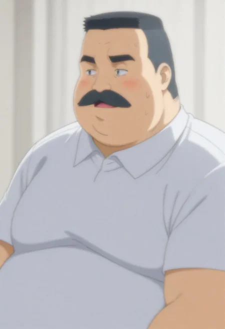 (masterpiece, best quality, amazing quality, detailed background,) hige_habahiro, 1boy, mature male, male focus, black short hair, crew cut, fat face, thick eyebrows, mustache, no mouth, fat, chubby, obese, big pec, big belly, white short sleeves, 1boy, male focus, mustache, solo, facial hair, blush, fat, sweat, thick eyebrows, upper body, open mouth