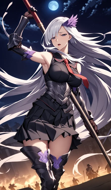 masterpiece, best quality, absurdres, very aesthetic, general, 1girl, solo, full body, tall female, brynhildr \(fate\), fate/grand order, sleeveless, black serafuku, feather hair ornament, necktie, armored corset, pleated skirt, armored thigh boots, elbow gloves gauntlets, (furrowed brow:0.8), half-closed eyes, blunt bangs, swept bangs, very long hair, holding polearm, arm up, dynamic pose, night, moon, night sky, star \(sky\), outdoors, wind, cinematic shot, moody, intricate, aged up, wide shot, <lyco:HikageEiji-anxl31:0.85>,