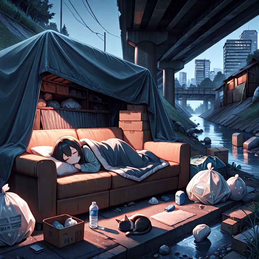 absurdres, explicit, shack under bridge, deep shadow, lying on sofa, sleeping, 1girl, light frown, blanket, covering with blanket, cat, box, fog, city, tree, rock, weeds, ruins, river, water, building, scenery, outdoors, trash bag, water bottle, <lora:girlhateshackunderbridge_ilxl:1>
