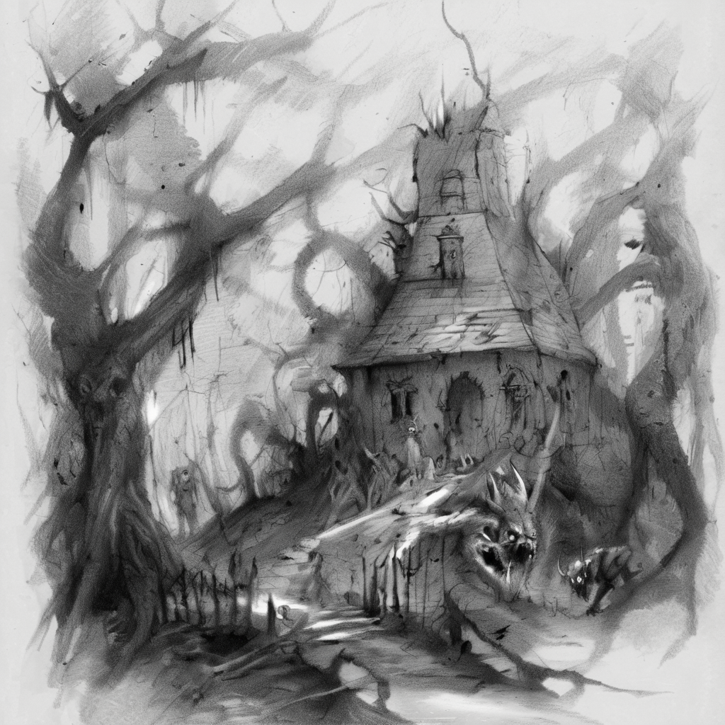 drawix8 the devil's house among old trees in the forest, demons and forest creatures in the background, unusual expressive shot <lora:drawix8:1>