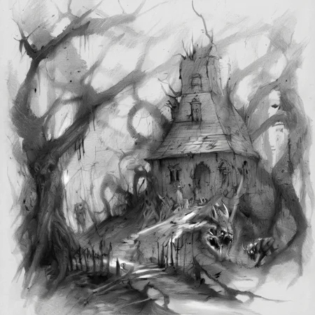 drawix8 the devil's house among old trees in the forest, demons and forest creatures in the background, unusual expressive shot <lora:drawix8:1>