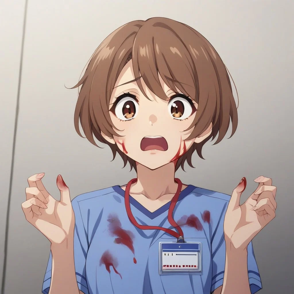 ,MaiKonoike, 1girl, solo, brown hair, short hair, brown eyes, blue shirt, lanyard, blood, blood on shirt, scared, defensive, from below, hands up,