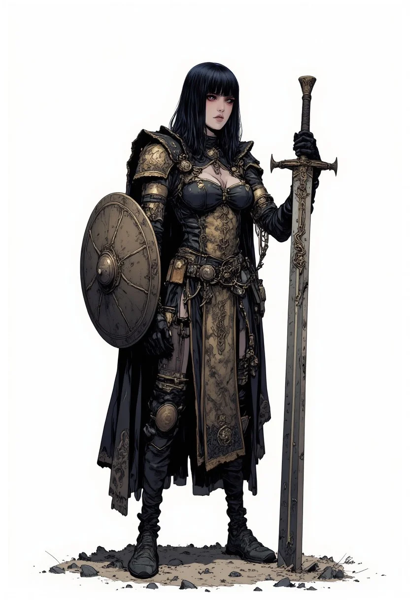 in the style of cksc, concept are of a strong female vampire warrior wearing chainmail armour, she has dark straight hair and piercing eyes, beside her there is a large sword sticking into the ground and a round battle shield, she has one hand on top of the swords pommel. The warrior is tall and muscular, vicious and fierce with large fangs. The background is white