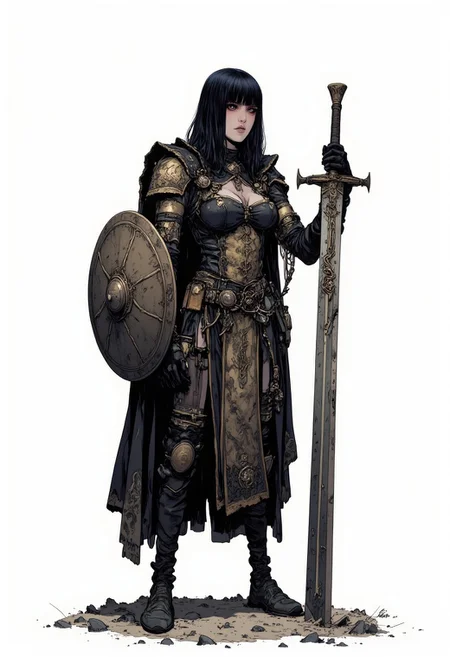 in the style of cksc, concept are of a strong female vampire warrior wearing chainmail armour, she has dark straight hair and piercing eyes, beside her there is a large sword sticking into the ground and a round battle shield, she has one hand on top of the swords pommel. The warrior is tall and muscular, vicious and fierce with large fangs. The background is white