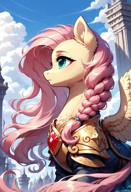 core_9, score_8_up, score_7_up, score_5_up, source_anime, (masterpiece, ultra-detailed, cinematic lighting), pony, Fluttershy, side profile, (dynamic pose), soft and feminine facial features, delicate and expressive amber eyes, long flowing pastel-pink hair braided elegantly, (fluffy fur), (elegant wings), wearing intricate golden armor with glowing red gem centerpiece, warm light reflecting on the armor, dramatic and regal pose, gloomy cityscape in the background with tall gray buildings, foggy and mysterious atmosphere, muted and soft color palette.