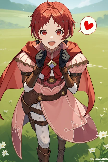 score_9, score_8_up, score_7_up, score_6_up, source_anime BREAK 1girl, solo, <lora:femonica-pdxl-nvwls-v1-000005:1> hopesMonica, red hair, red eyes, short hair, earrings, red cape, pink dress, puffy sleeves, bracers, black gloves, white pants, brown boots, standing, leaning forward, looking at you, happy, open mouth, hands up, spoken heart, field