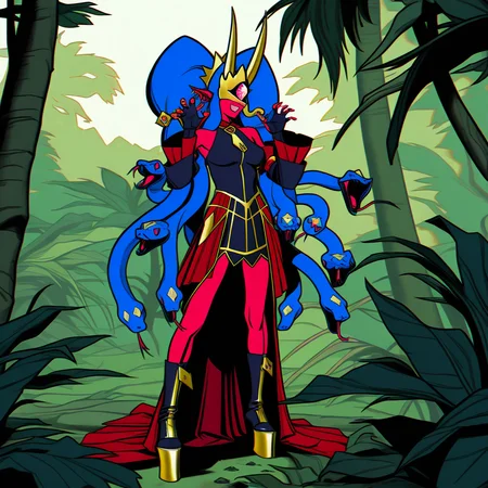 1girl,solo,medusamon,snake hair, twintails, red skin,gold horns,platform footwear,detached sleeves,fingerless gloves,single fang,standing,claw pose,full body,outdoors,jungle,trees,by billmund,by sildre,by blackscour, <lora:MedusamonIllus2:0.95>