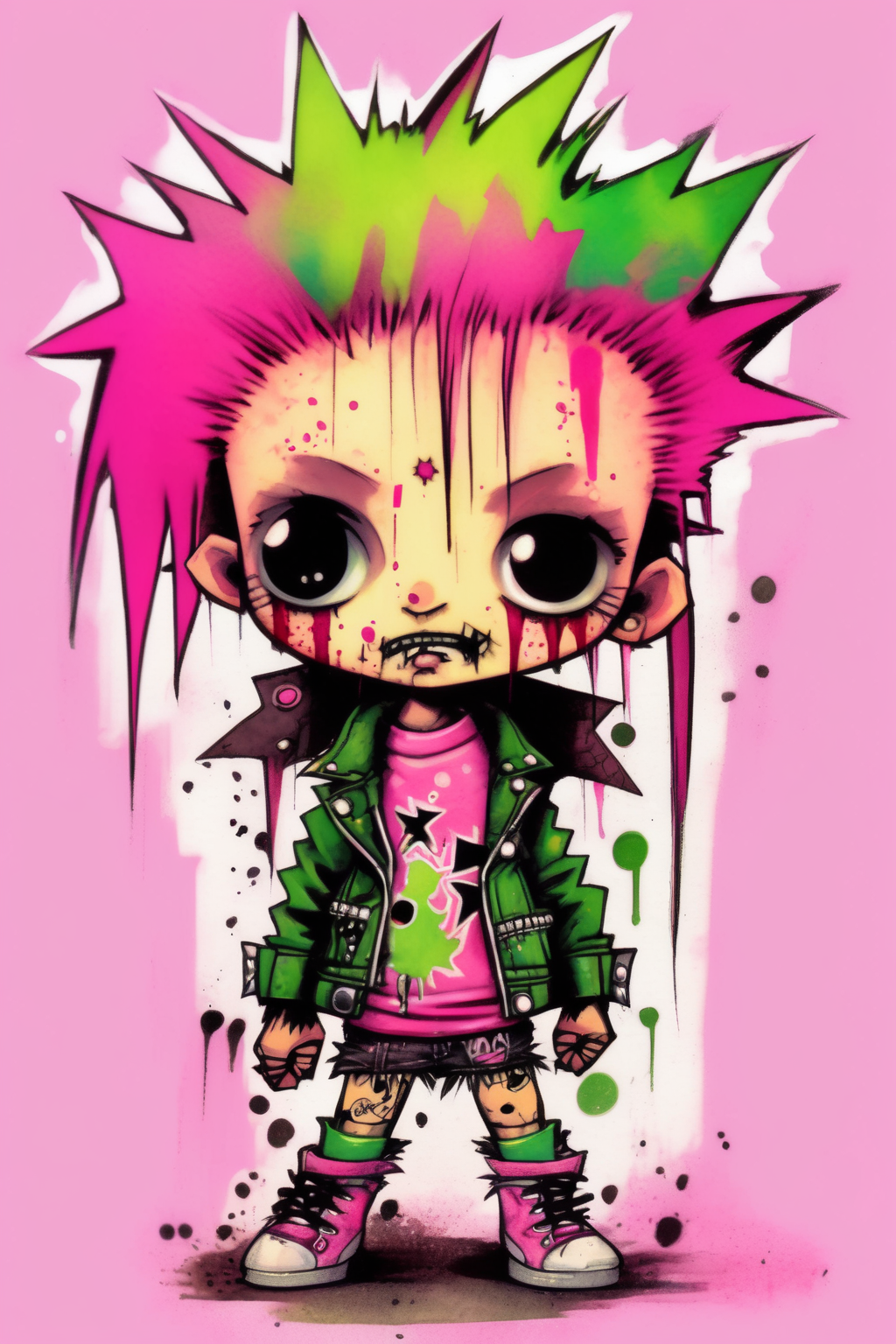 <lora:Skottie Young Style:1>Skottie Young Style - pinkgreenwash punks kawaii chibi