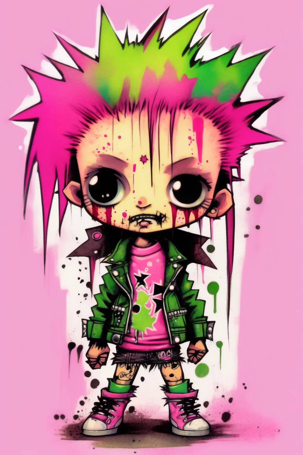 <lora:Skottie Young Style:1>Skottie Young Style - pinkgreenwash punks kawaii chibi