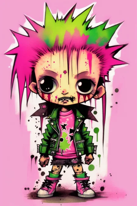 <lora:Skottie Young Style:1>Skottie Young Style - pinkgreenwash punks kawaii chibi