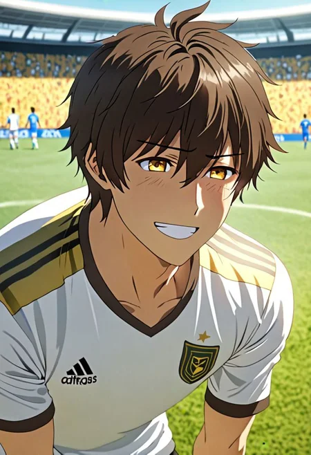 Highres, Masterpiece, High Quality, 4K, 8K, solo, 1Boy, Seiya Kanie, short dark brown hair, golden eyes, Soccer Boy, soccer player, field, happy, tired, celebration, sunny day, easynegative, detailed_eye_model