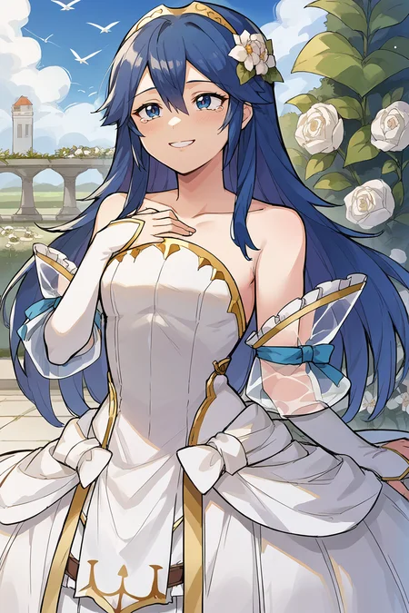 score_9, score_8_up, score_7_up, score_6_up, source_anime BREAK 1girl, <lora:lucina-pdxl-nvwls-v1-000005:1> brdLuci, long hair, tiara, bridal veil, hair flower, white flower, wedding dress, strapless, see-through sleeves, white sleeves, happy, tears in eyes, garden, hedges, wide shot, blue sky, birds, hand to own chest