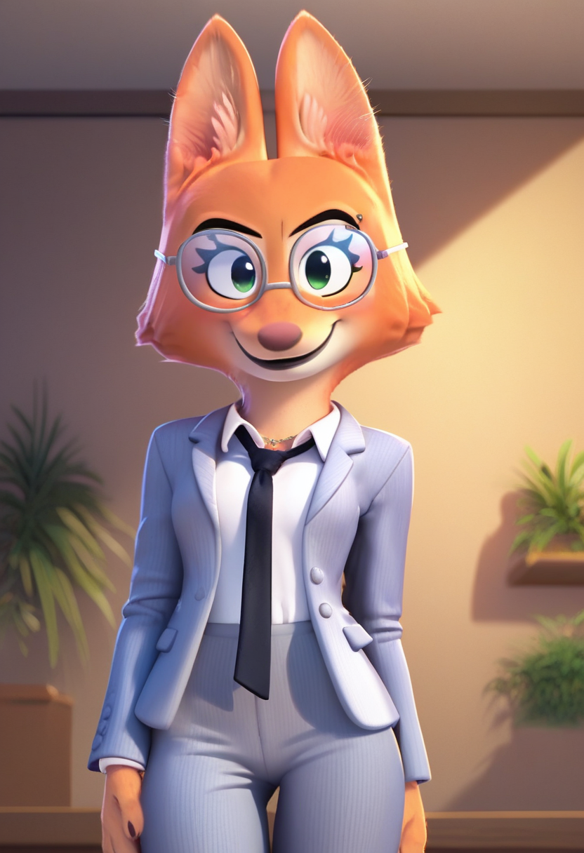 zPDXL, score_9,score_8_up,score_7_up,_up,source_cartoon, best quality, amazing quality, masterpiece, 1girl, looking at viewer, solo, fullbody, cute, blush, smile, <lora:DianeFoxington-03:1> , diane foxington, green eyes, orange fur, fox girl, jewelry, indoors, room, plant, formal, white shirt,  collared shirt, glasses, suit, jacket, long sleeves, black necktie, pants, fox tail,  <lora:DankFlank:1>, dank flank