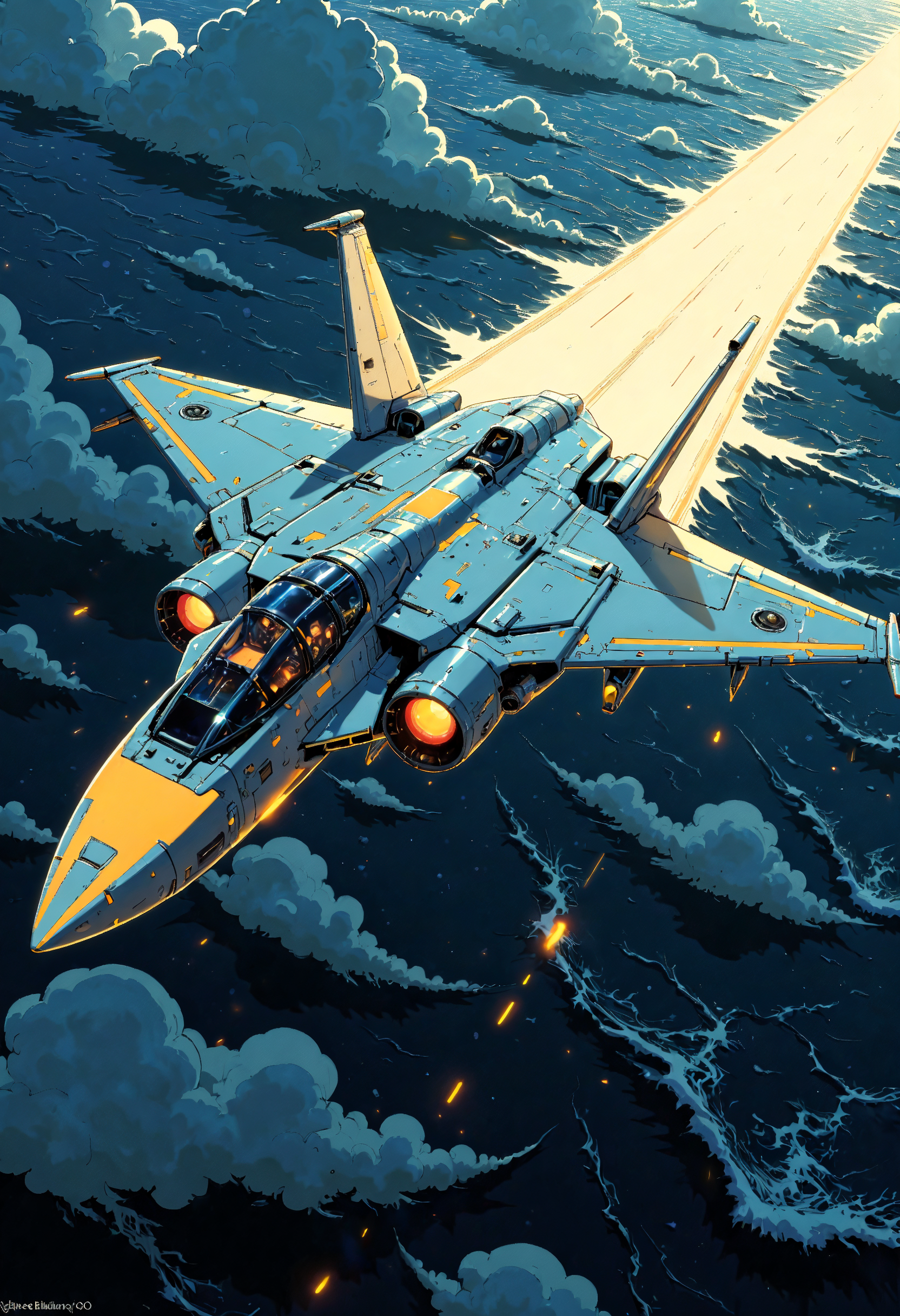 masterpiece, high-quality, A futuristic fighter jet soaring low over a stormy ocean, its sharp aerodynamic design traced with glowing lines, Exaggerated line art enhances its sleek surfaces as faint energy ripples in its wake, aerodynamic design, glowing details, bold line art, dynamic motion, (elaborate fine details:1.1), (hyperdetailed:1.1), (intricate details:1.0), (Refined details:1.1), (best quality:1.1), (high resolution:1.2),