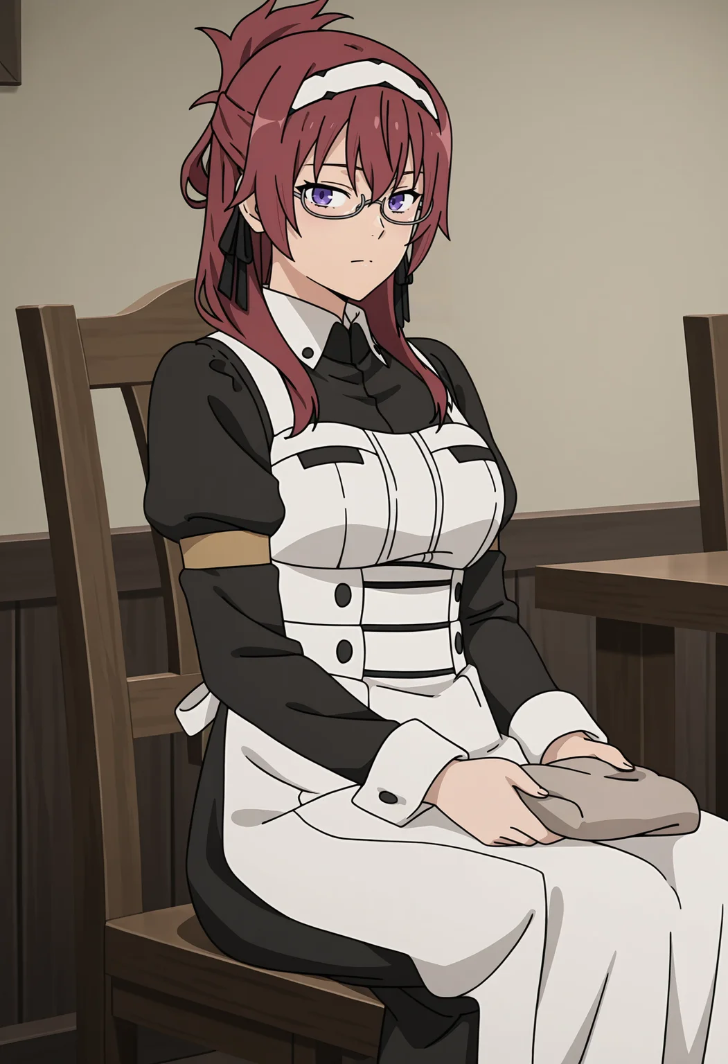 <lora:Lilia GREYRAT_illustrious-000054:1>,1girl,
Lilia GREYRAT,solo,maid,glasses,sitting,maid headdress,apron,breasts,maid apron,dress,holding,closed mouth,chair,looking at viewer,anime screencap